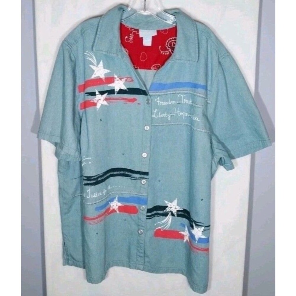 Liz & Me 3X Patriotic Chambray Button Up Shirt Stars Stripes Beaded USA